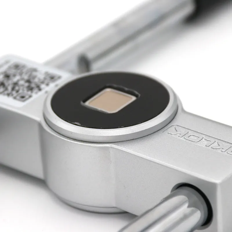 Smart U-shaped glass door lock in silver, ADC12 aluminium and stainless steel construction, with fingerprint sensor and rechargeable port.