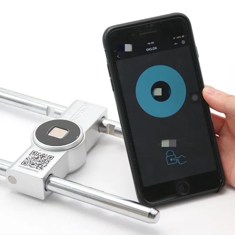 Smart U-shaped glass door lock in silver, ADC12 aluminium and stainless steel construction, with fingerprint sensor and rechargeable port.