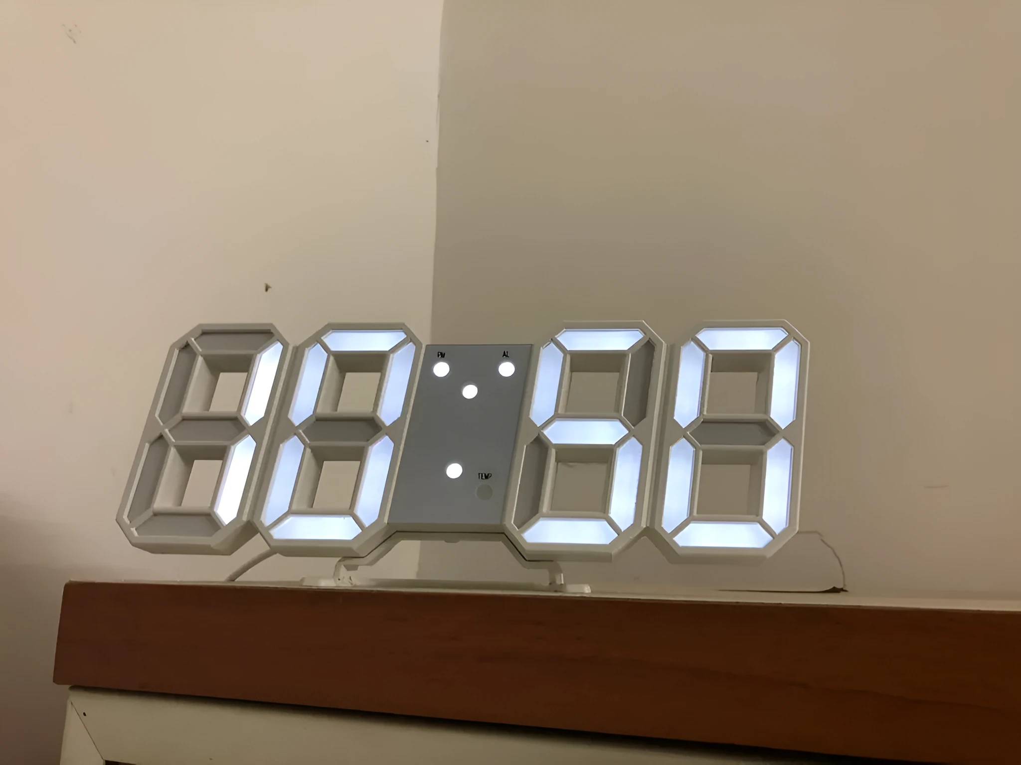 3D luminous LED digital wall clock with USB power, white plastic body, simple design