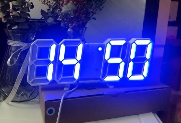 3D luminous LED digital wall clock with USB power, white plastic body, simple design