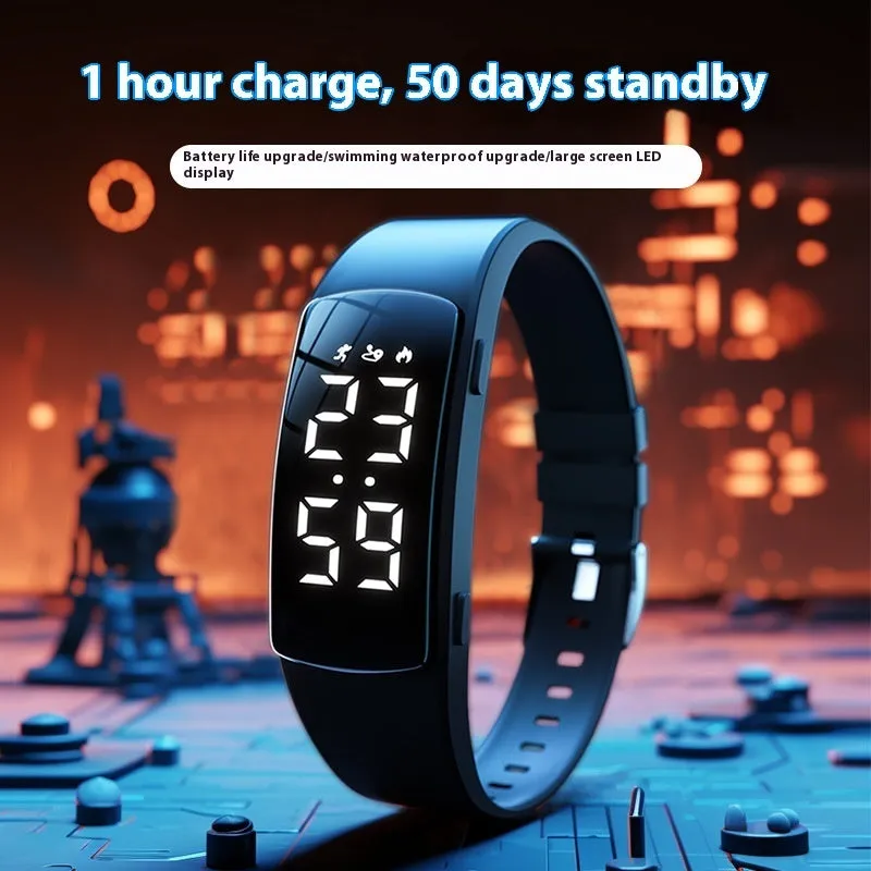 Smart waterproof vibration alarm watch with LED display on a silicone strap, shown in multiple colour options.