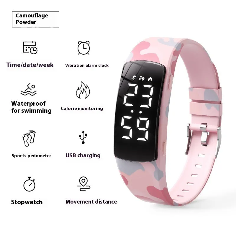 Smart waterproof vibration alarm watch with LED display on a silicone strap, shown in multiple colour options.
