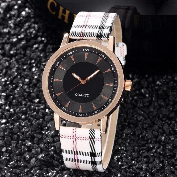 Women's fashion belt watch with round dial, leather strap, gold black colour, stainless steel case