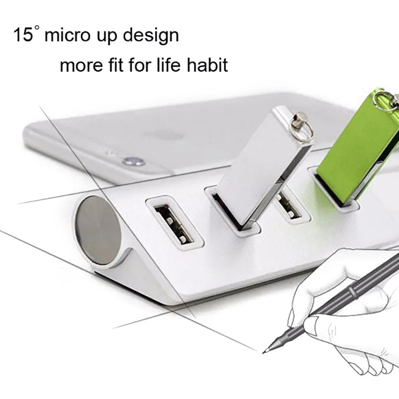 Silver USB-C to 4-port USB 2.0 hub with aluminium alloy build, compact size 88x39x22 mm