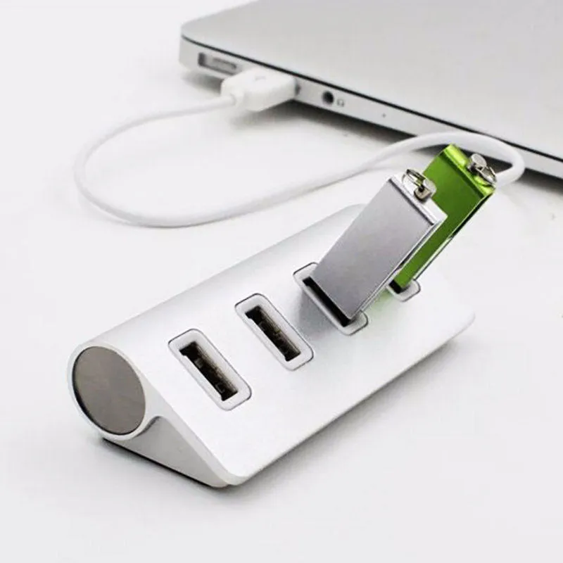 Silver USB-C to 4-port USB 2.0 hub with aluminium alloy build, compact size 88x39x22 mm