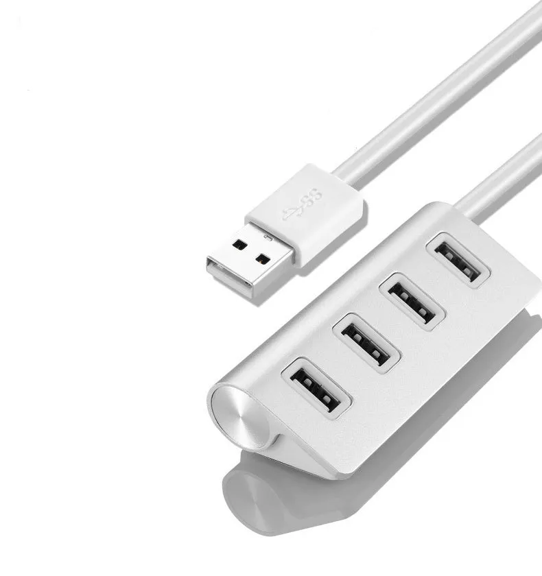 Silver USB-C to 4-port USB 2.0 hub with aluminium alloy build, compact size 88x39x22 mm