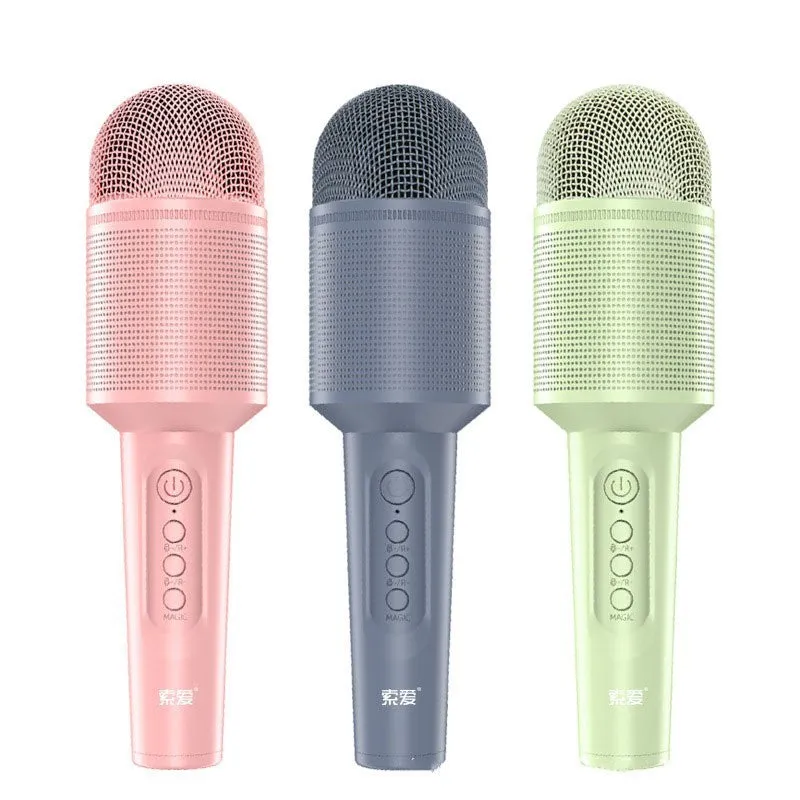 Wireless Bluetooth karaoke microphone in pink, blue, and green colour options.