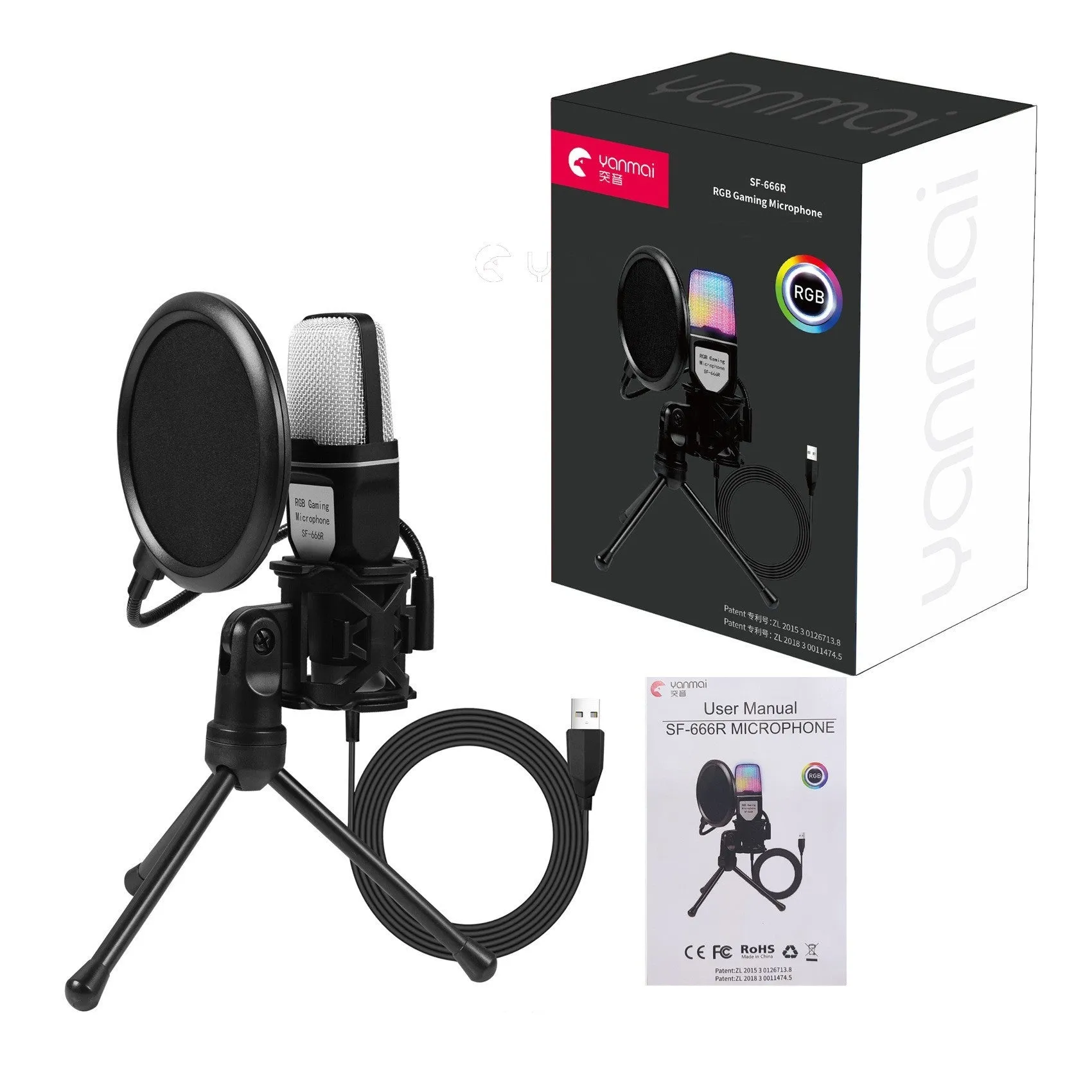 SF-666R black desktop microphone with bracket and spray screen on a desk