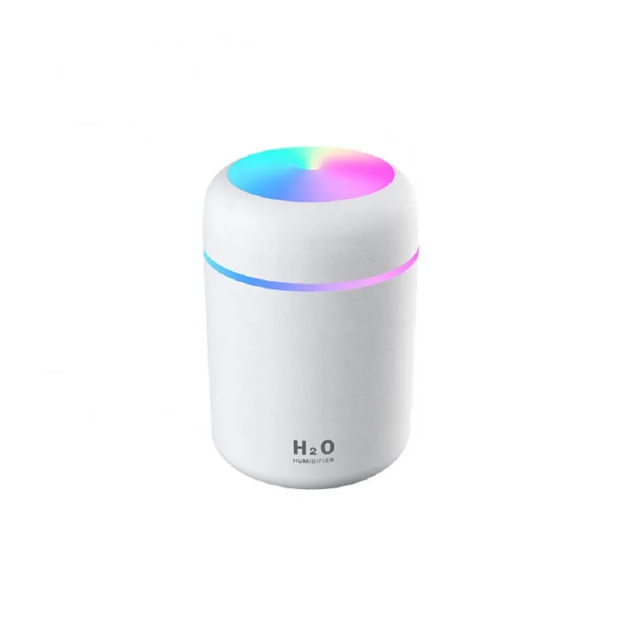 Black 300ml mini cool mist humidifier with multicolor LED night light on a desk