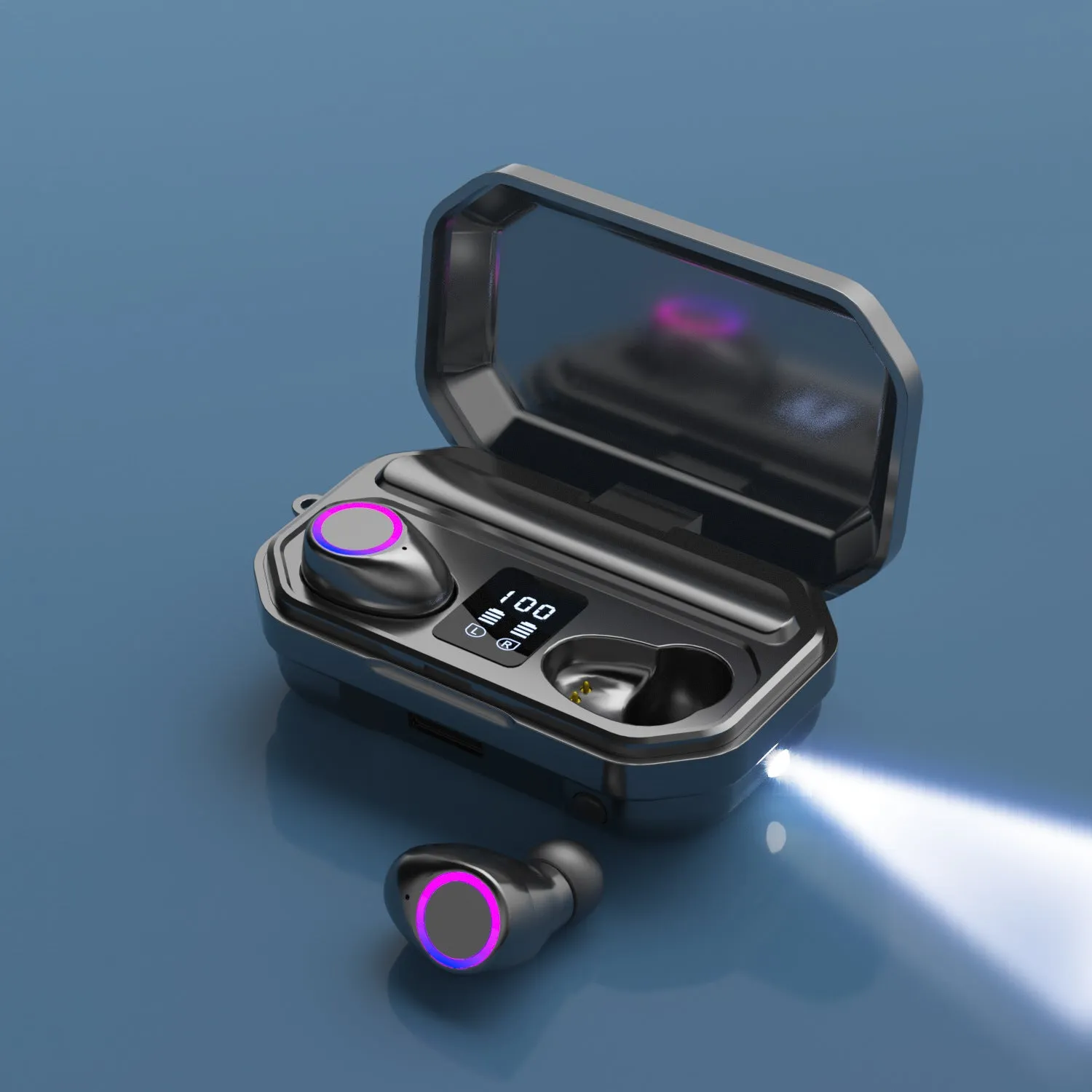 Wireless Bluetooth headset with LED breathing light, in-ear design, black body, Bluetooth 5.0