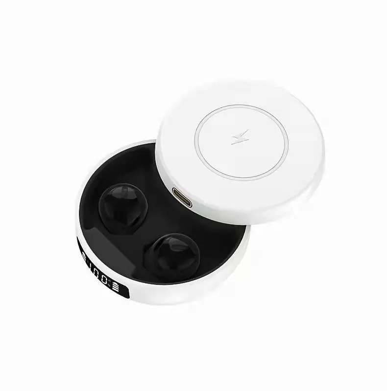 Black semi-in-ear wireless Bluetooth headphones and charging case on a white background