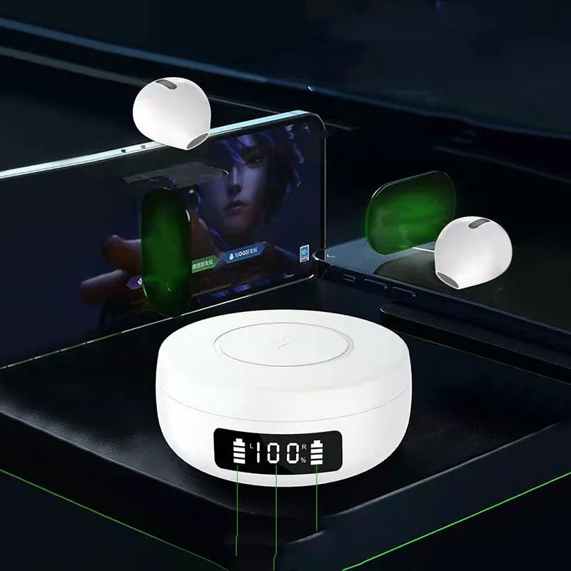 Black semi-in-ear wireless Bluetooth headphones and charging case on a white background