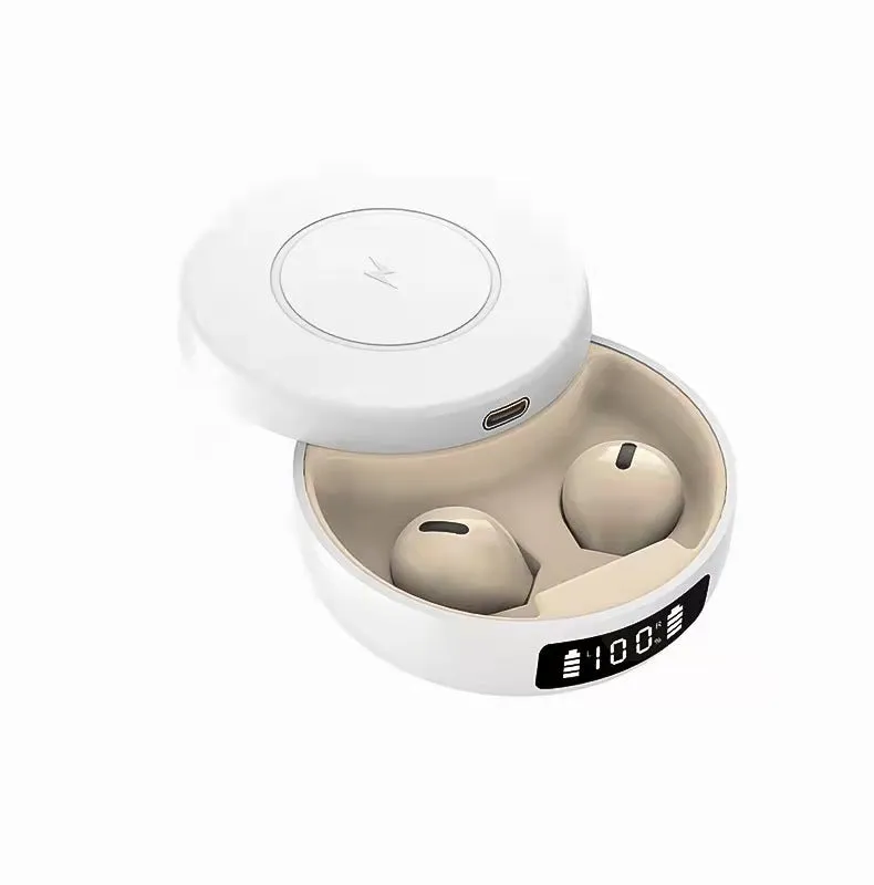 Black semi-in-ear wireless Bluetooth headphones and charging case on a white background