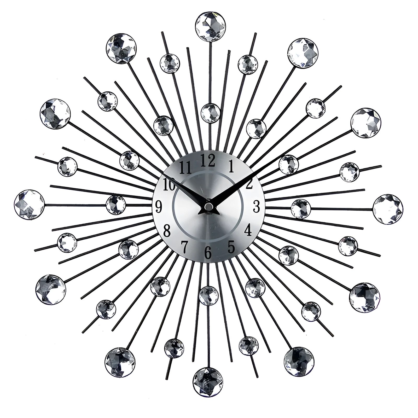 Silver round wall clock with metal case and aluminium dial showing 33cm diameter