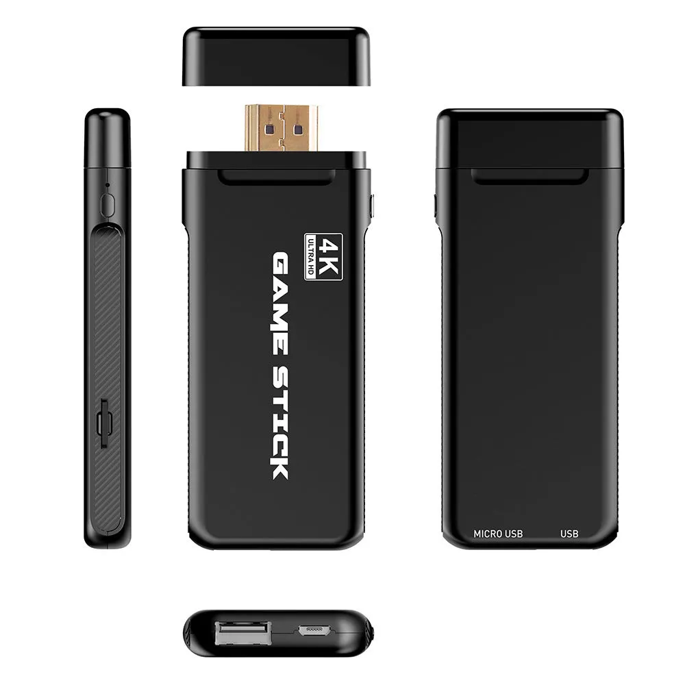 Wireless handle game console with HDMI output, two controllers, and compact plastic casing