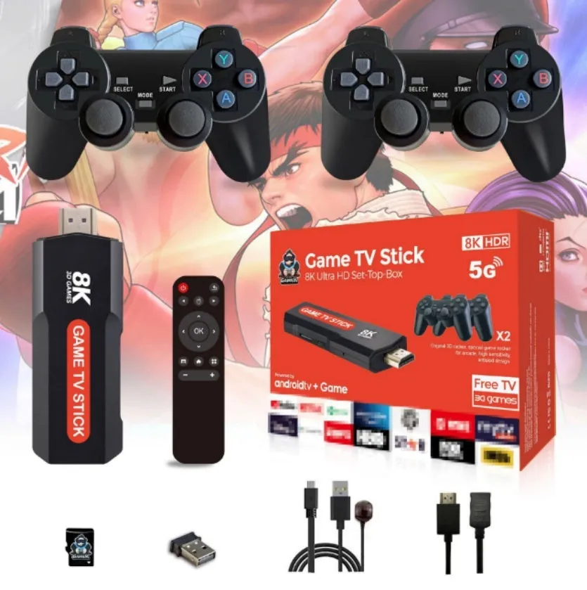 Wireless handle game console with HDMI output, two controllers, and compact plastic casing