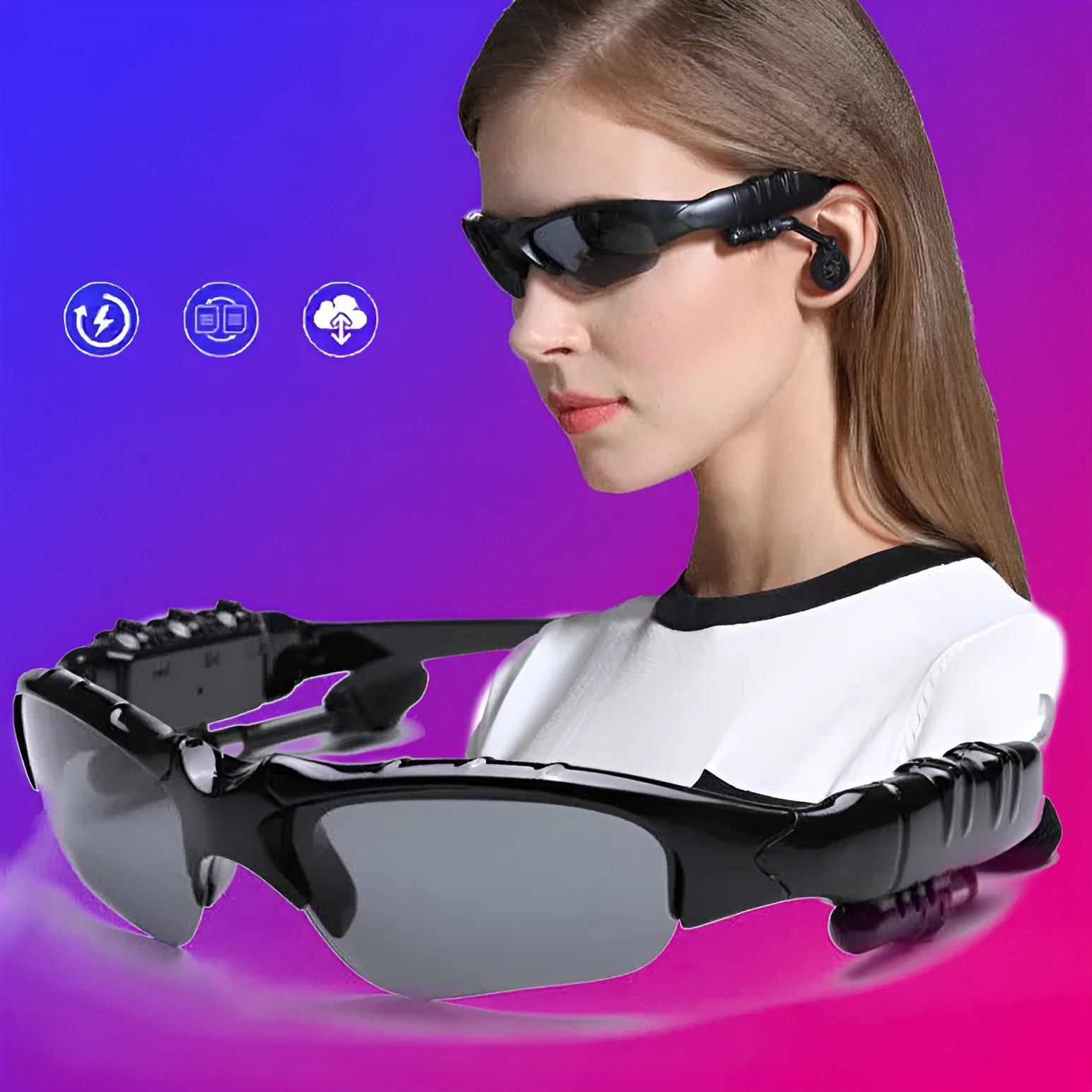 Oval frame Bluetooth sunglasses headset in sporty style with USB charging, available with gray or polarised lenses