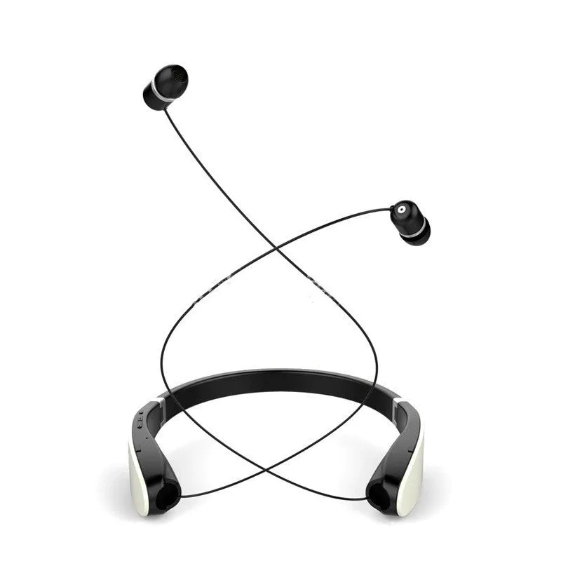 SX991 Wireless Retractable Earbuds in black with neck-hanging design and battery display