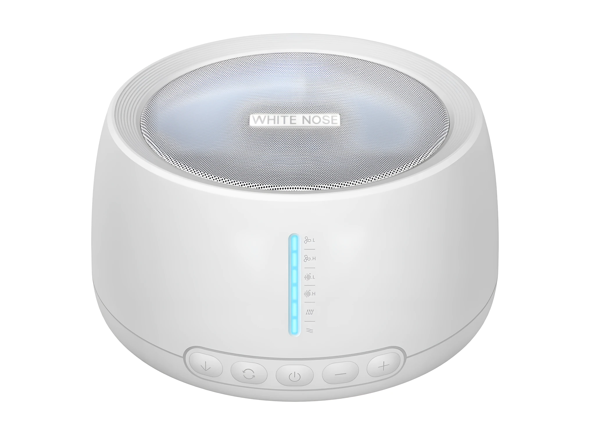 White noise sleep aid machine in white, USB powered, dimensions 110 x 110 x 62mm