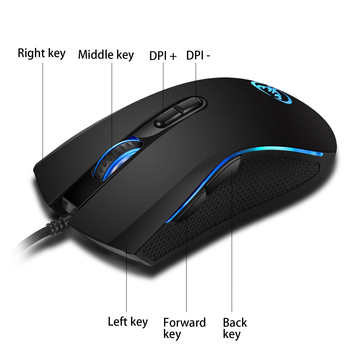 Black wired ergonomic gaming mouse with seven buttons, four-way scroll wheel, and USB cable on a desk