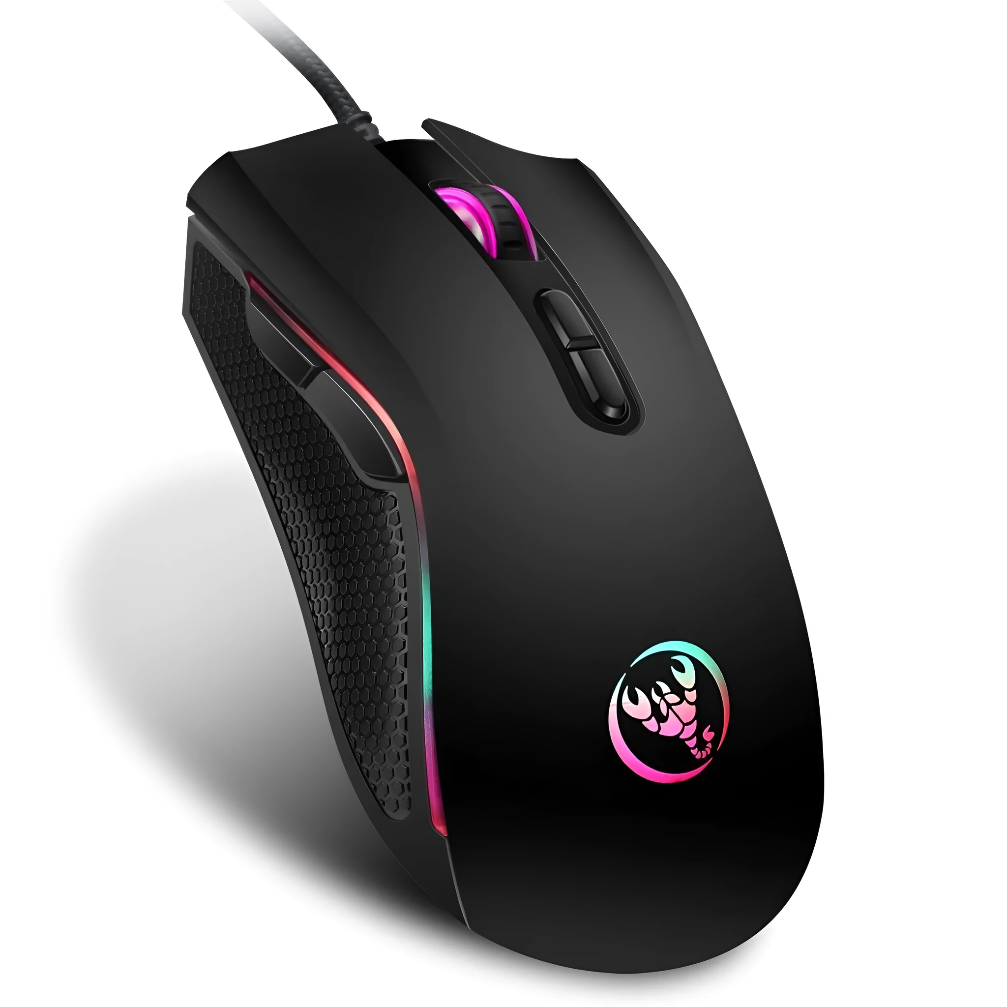 Black wired ergonomic gaming mouse with seven buttons, four-way scroll wheel, and USB cable on a desk