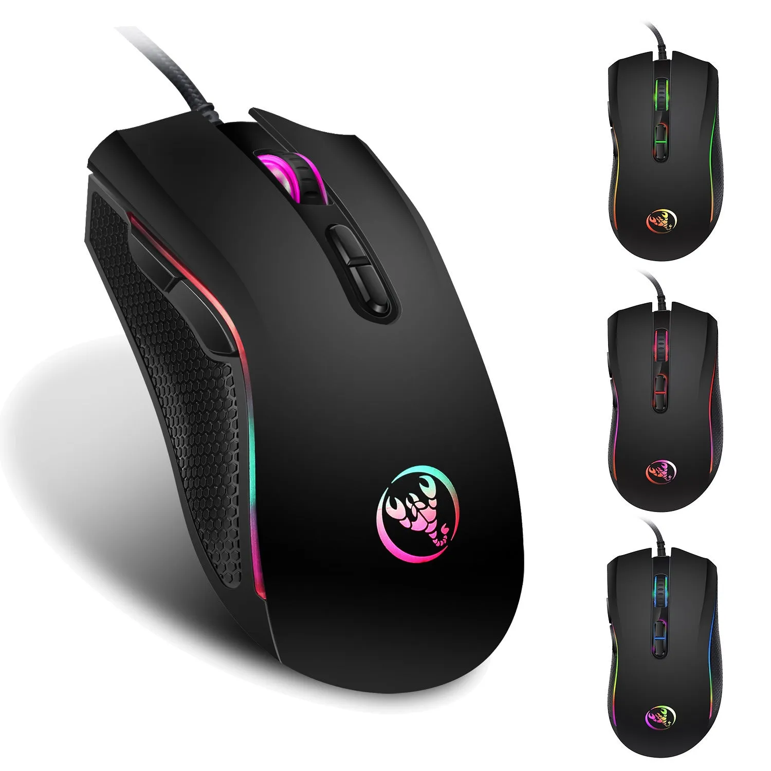 Black wired ergonomic gaming mouse with seven buttons, four-way scroll wheel, and USB cable on a desk