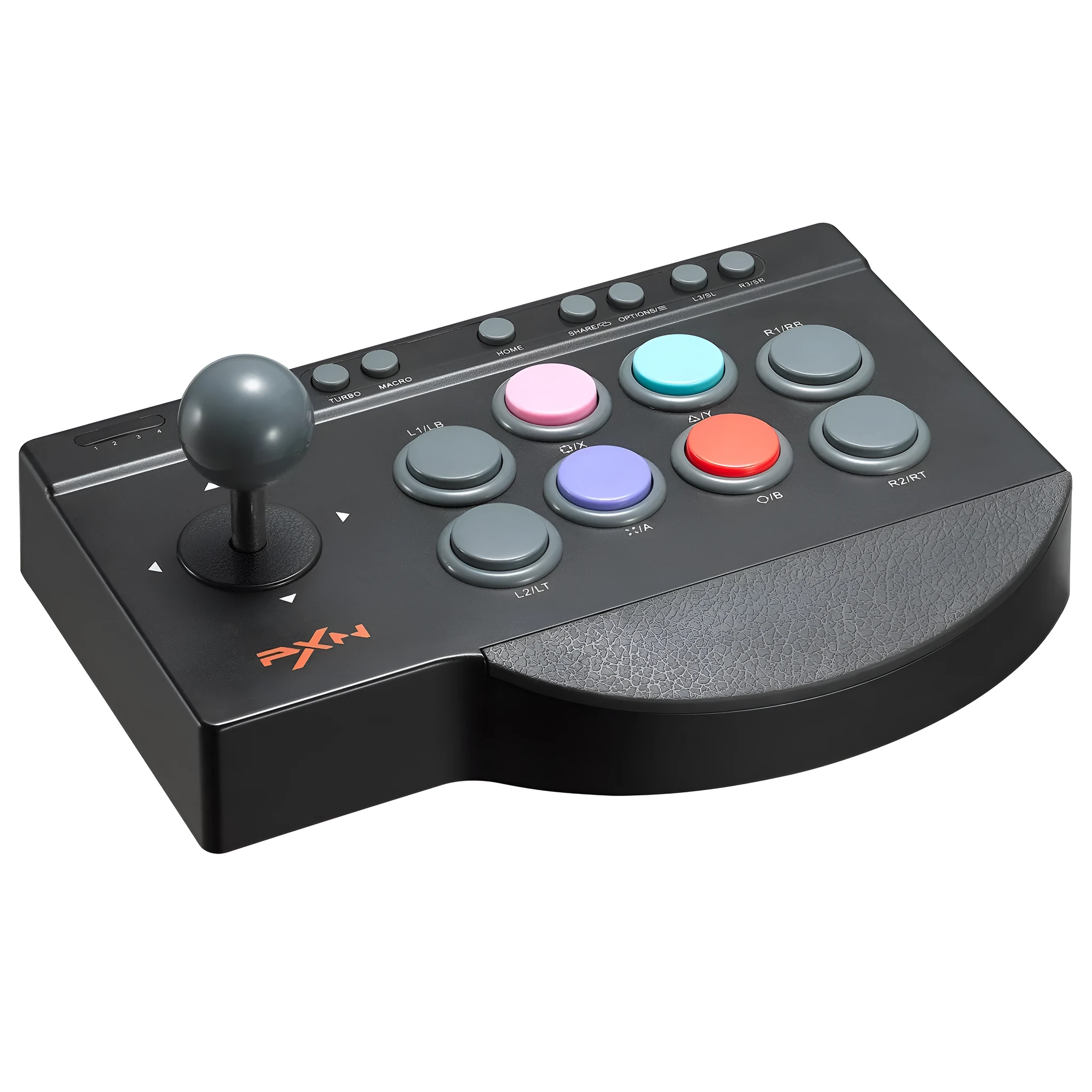 Black arcade stick game machine with joystick and buttons for fighting games