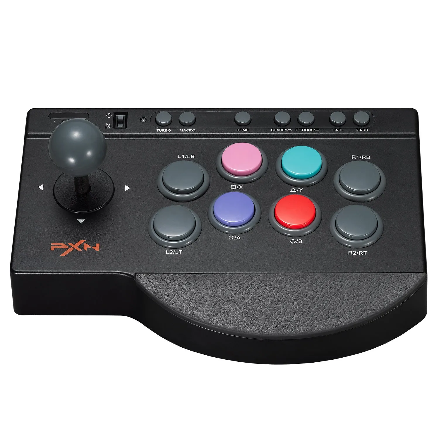 Black arcade stick game machine with joystick and buttons for fighting games