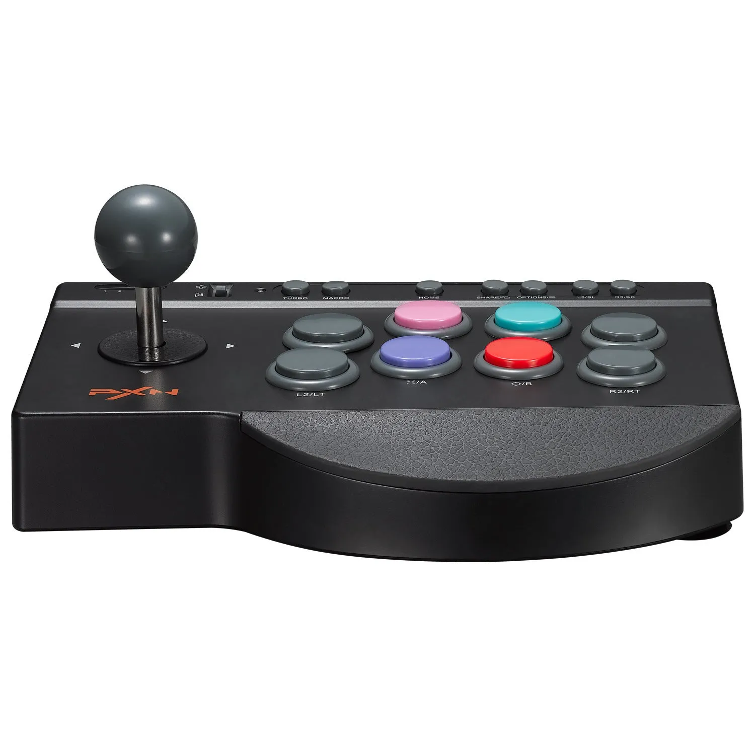 Black arcade stick game machine with joystick and buttons for fighting games