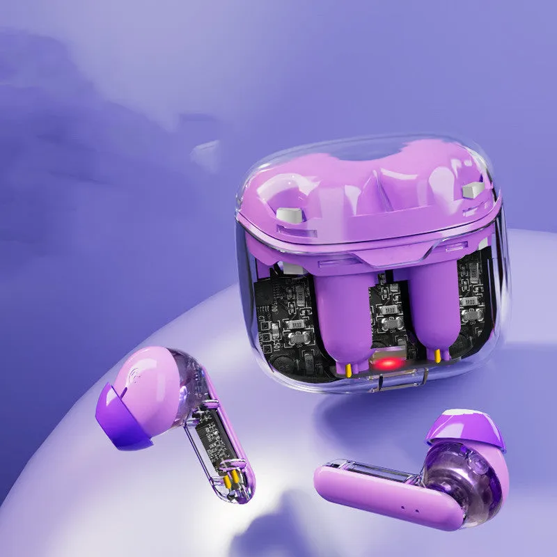 Black wireless Bluetooth earbuds in a transparent plastic charging case on a white background