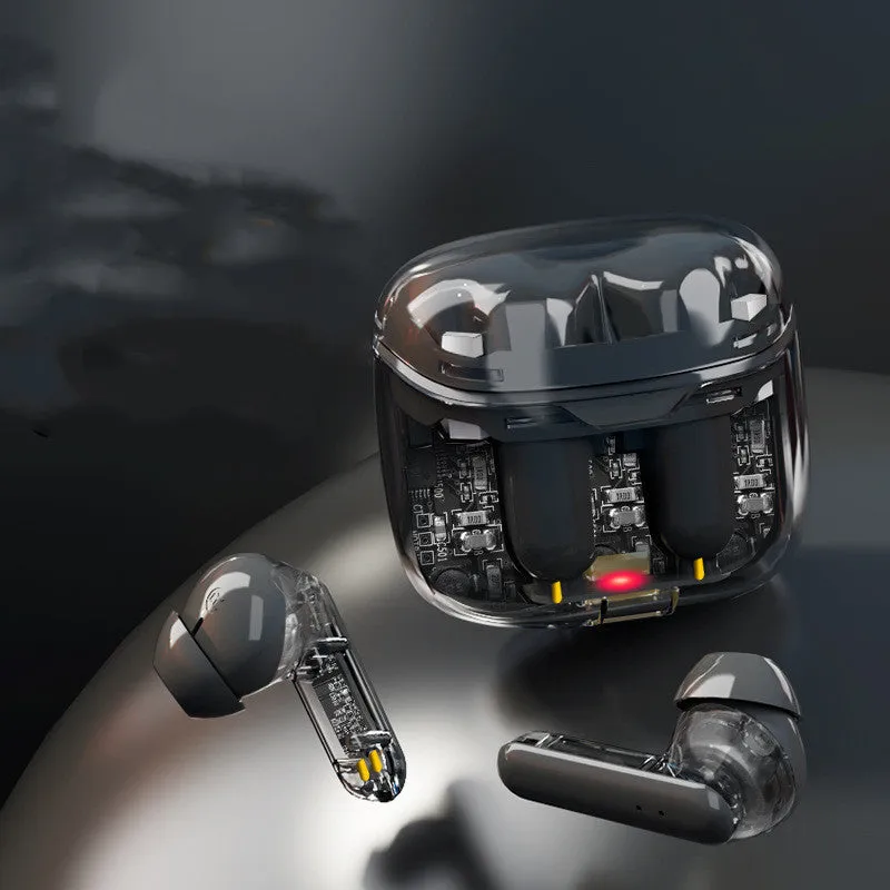 Black wireless Bluetooth earbuds in a transparent plastic charging case on a white background