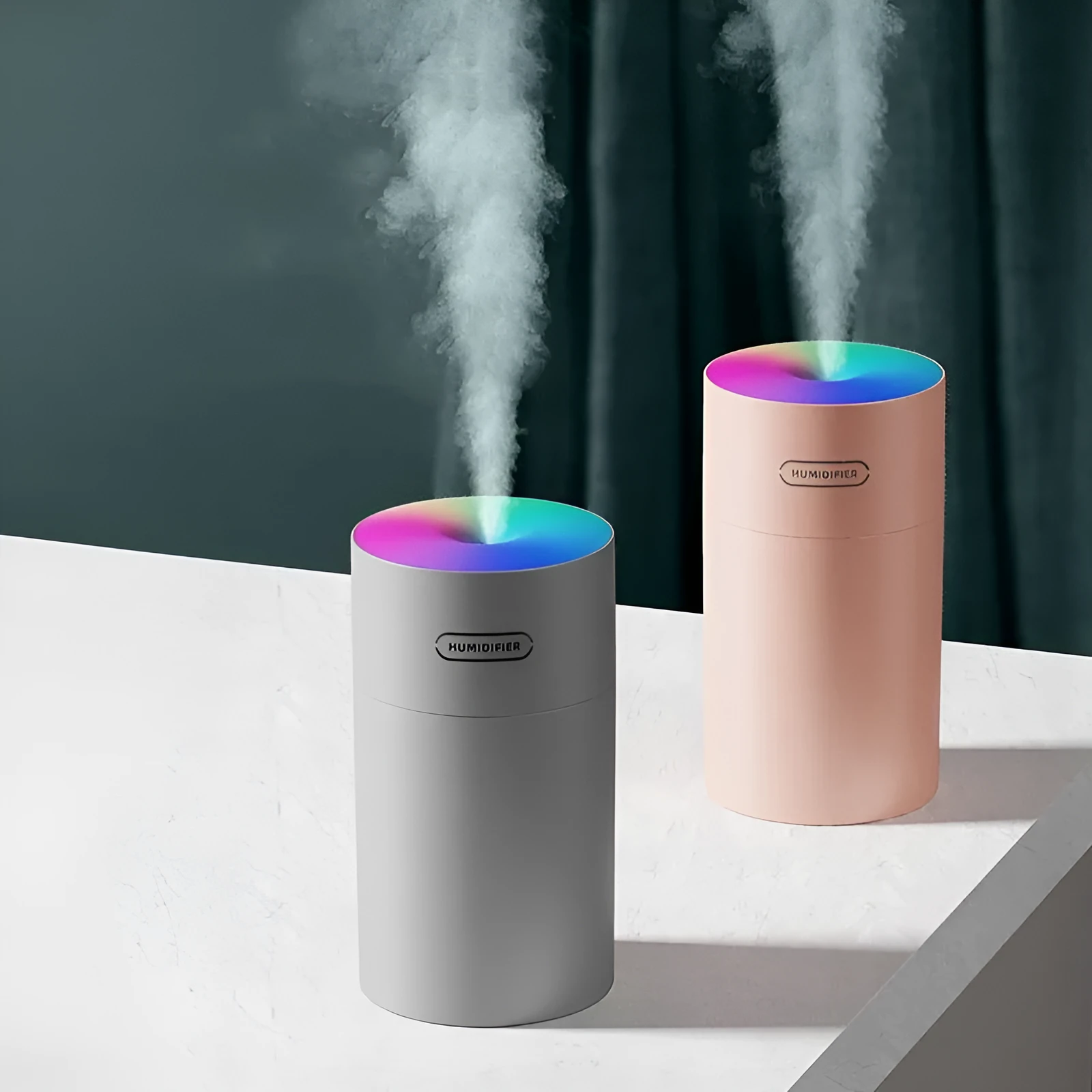 Mini USB humidifier round shape 270ml pink grey white with colourful light and timer