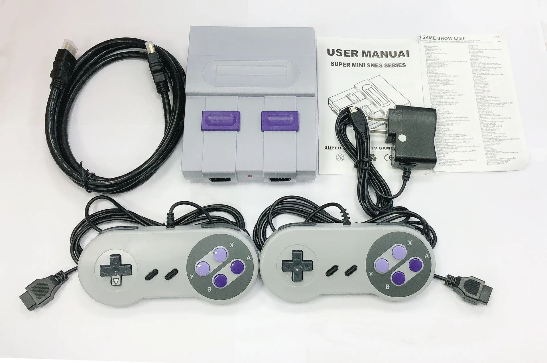 FC Red And White Classic TV Game Console SFC HD 821 in grey with two wired controllers on a table