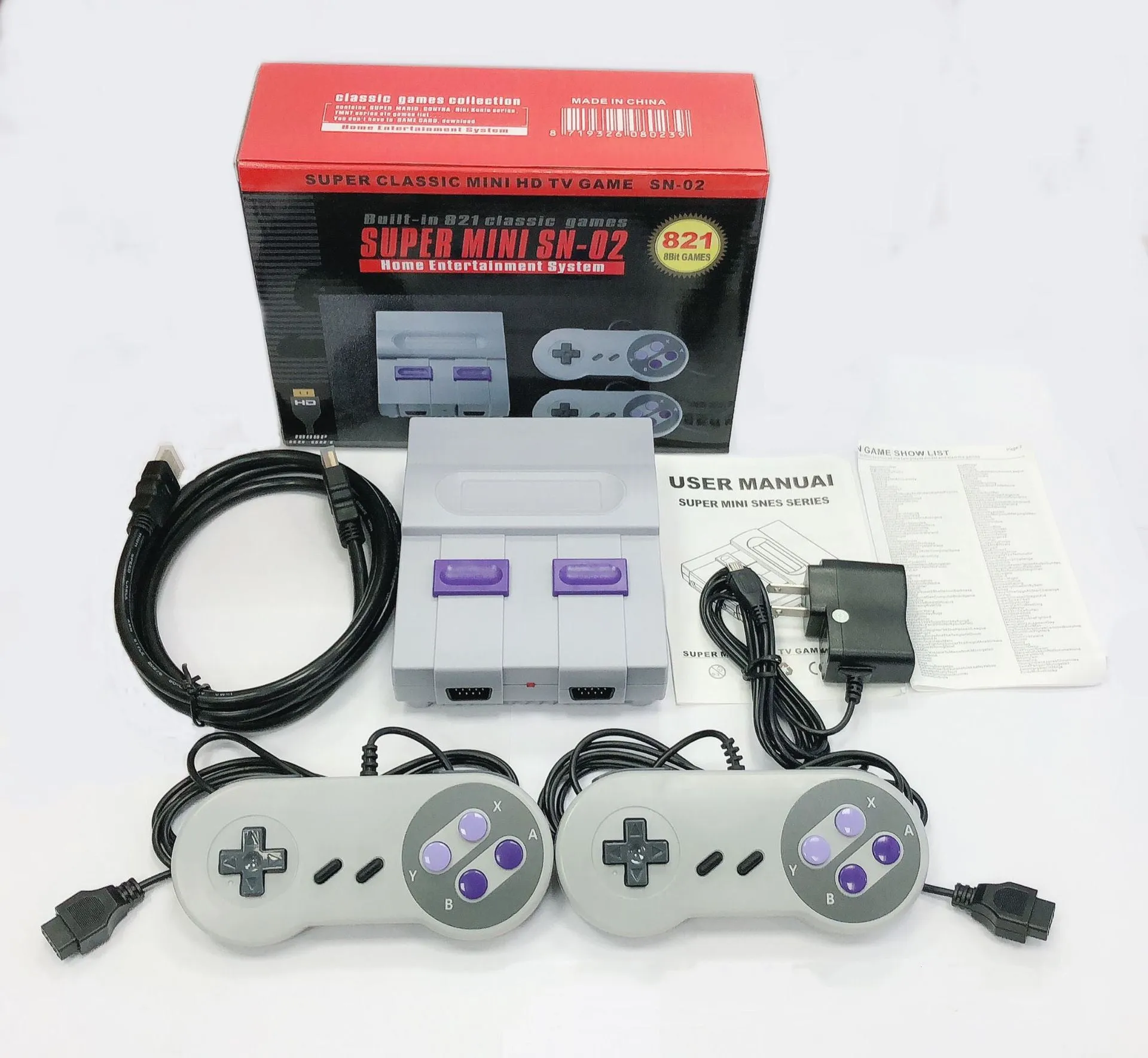 FC Red And White Classic TV Game Console SFC HD 821 in grey with two wired controllers on a table