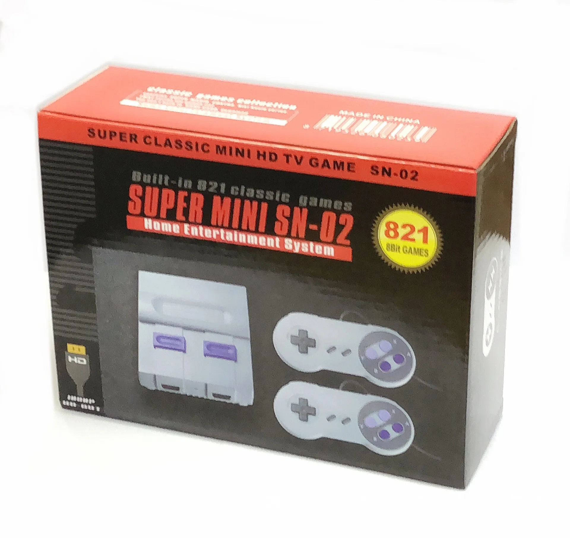 FC Red And White Classic TV Game Console SFC HD 821 in grey with two wired controllers on a table