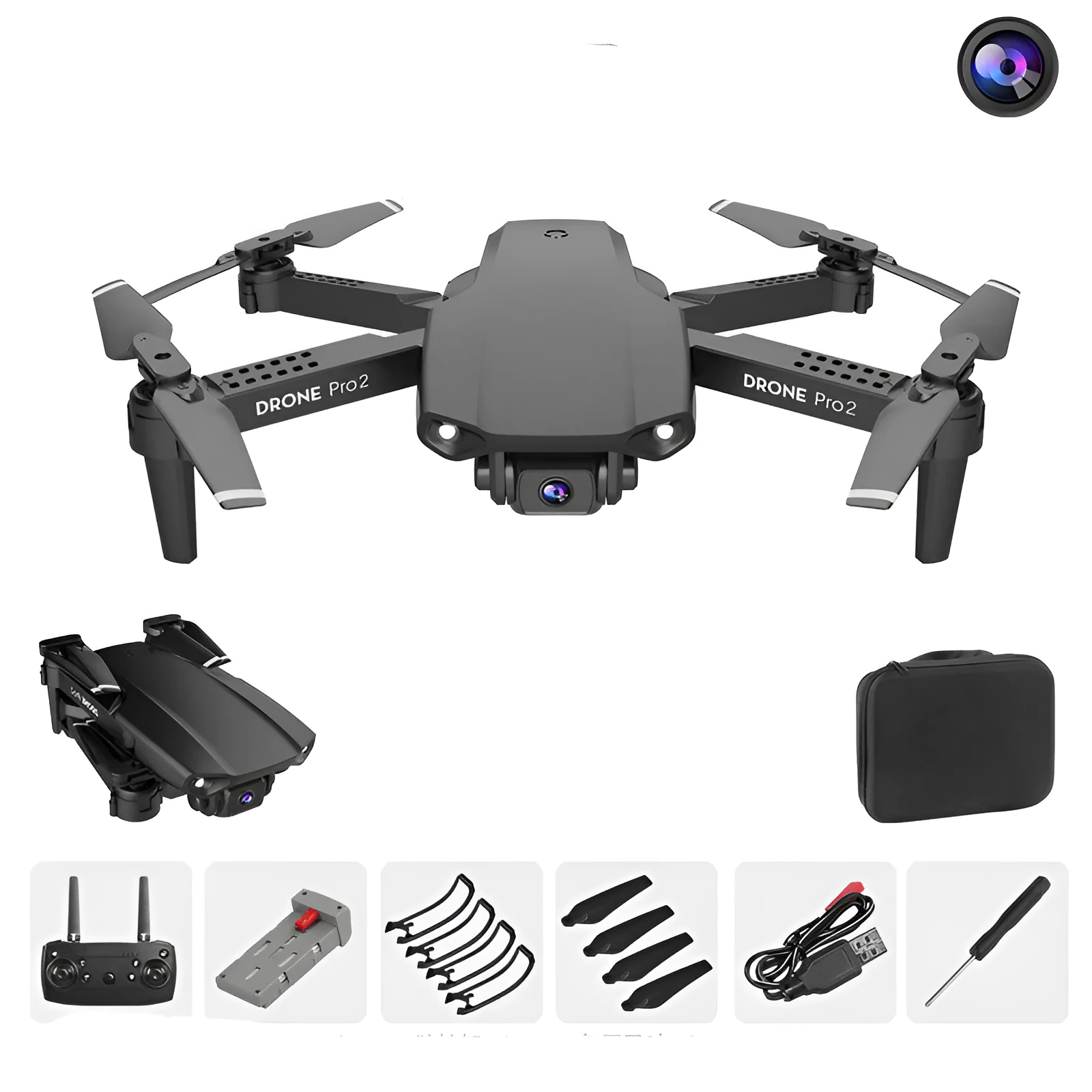 E99Pro2 folding dual camera drone black with propellers on table