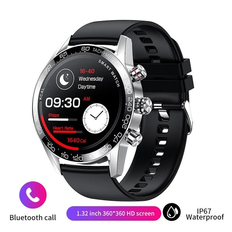 Men's Bluetooth smart phone watch with 1.3-inch LED touch screen and black strap showing health monitoring features