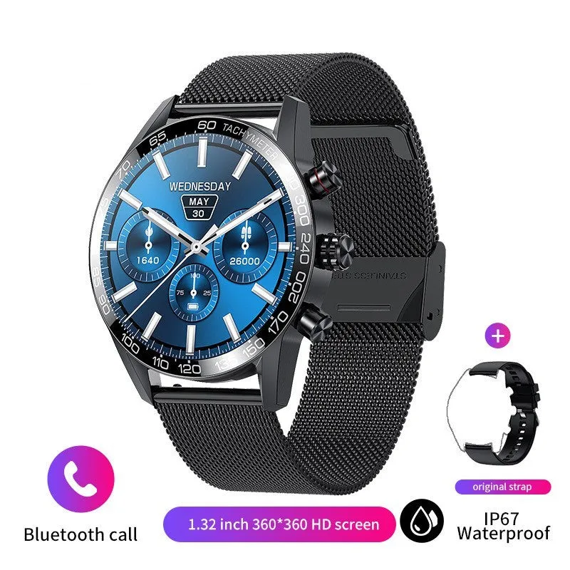 Men's Bluetooth smart phone watch with 1.3-inch LED touch screen and black strap showing health monitoring features