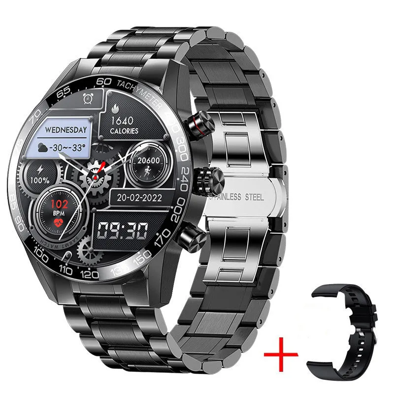 Men's Bluetooth smart phone watch with 1.3-inch LED touch screen and black strap showing health monitoring features