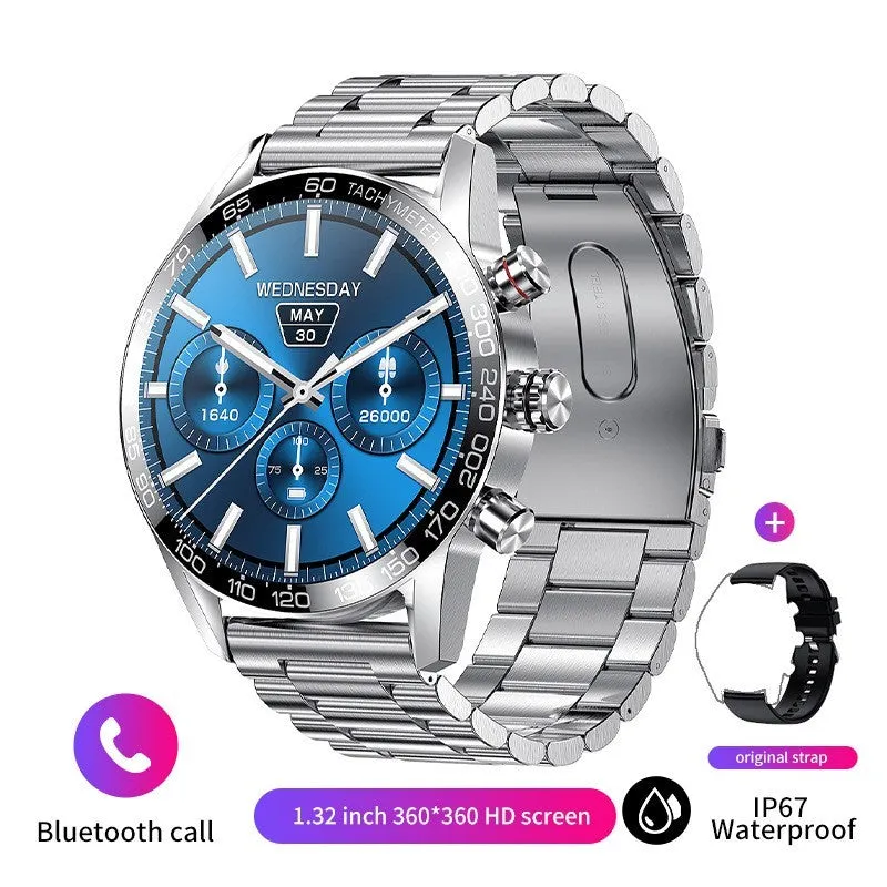 Men's Bluetooth smart phone watch with 1.3-inch LED touch screen and black strap showing health monitoring features