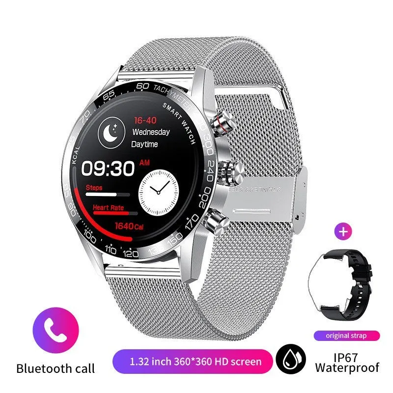 Men's Bluetooth smart phone watch with 1.3-inch LED touch screen and black strap showing health monitoring features