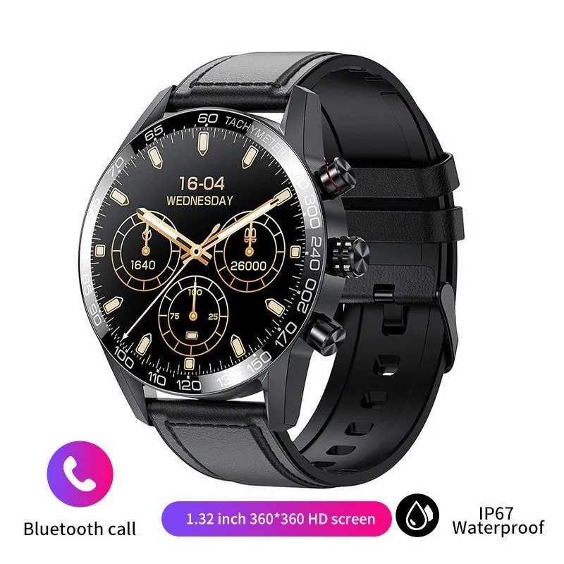 Men's Bluetooth smart phone watch with 1.3-inch LED touch screen and black strap showing health monitoring features