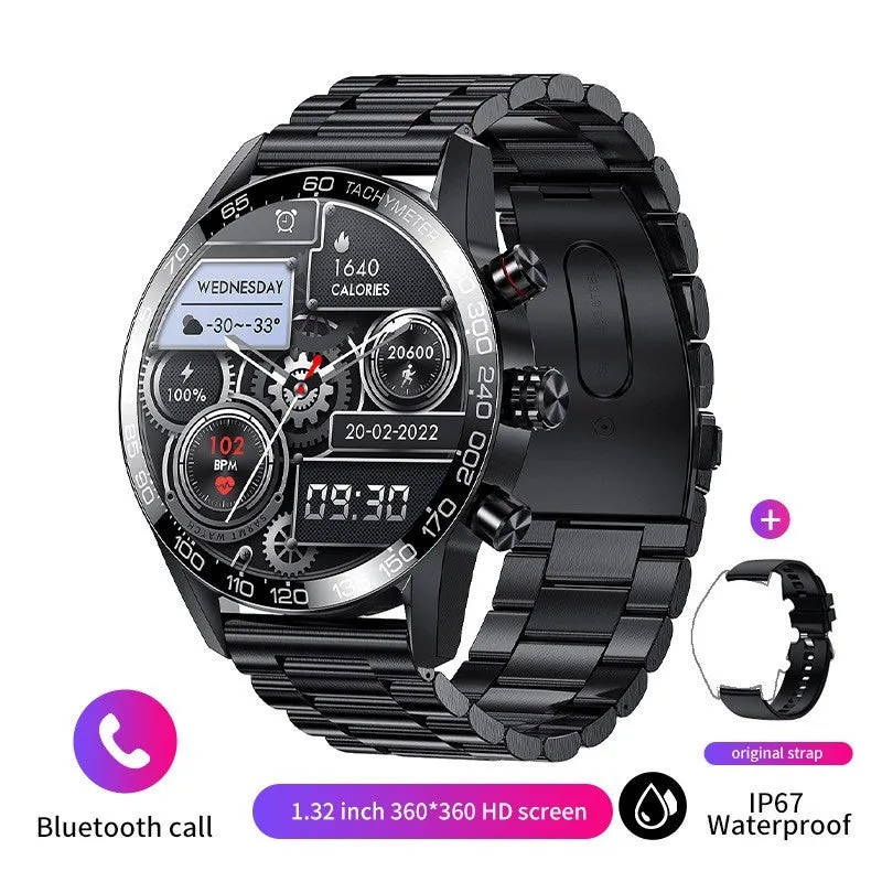 Men's Bluetooth smart phone watch with 1.3-inch LED touch screen and black strap showing health monitoring features