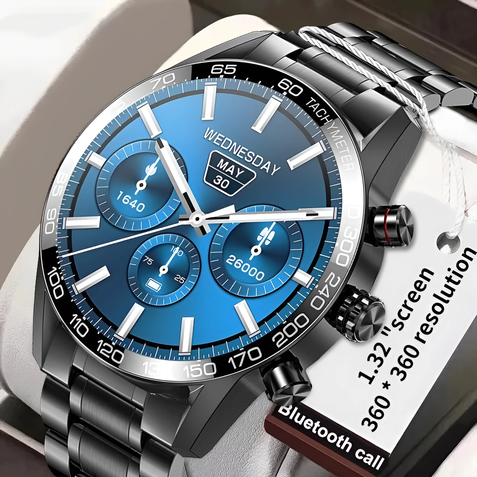 Men's Bluetooth smart phone watch with 1.3-inch LED touch screen and black strap showing health monitoring features