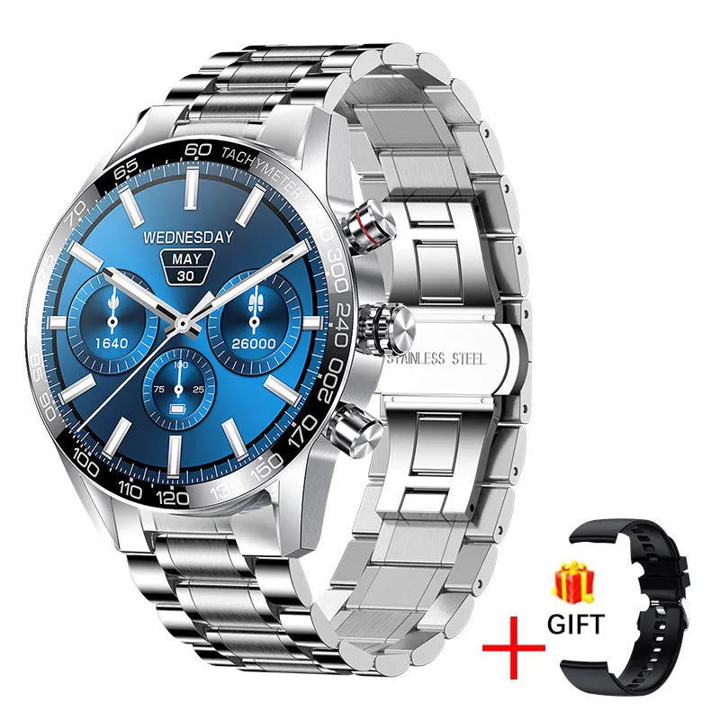 Men's Bluetooth smart phone watch with 1.3-inch LED touch screen and black strap showing health monitoring features