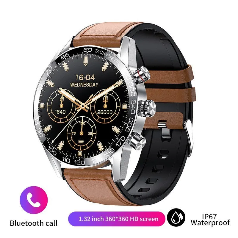 Men's Bluetooth smart phone watch with 1.3-inch LED touch screen and black strap showing health monitoring features