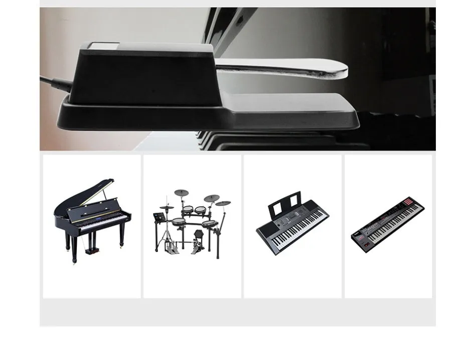 Universal sustain pedal FTB-004 in black with metal surface and attached 1.7-metre cable