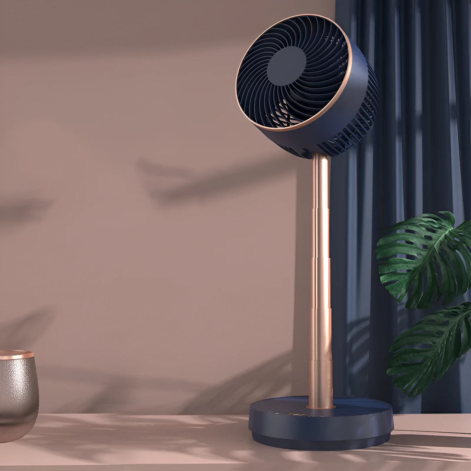 Emmett folding telescopic air circulation fan with remote control on floor in dark green