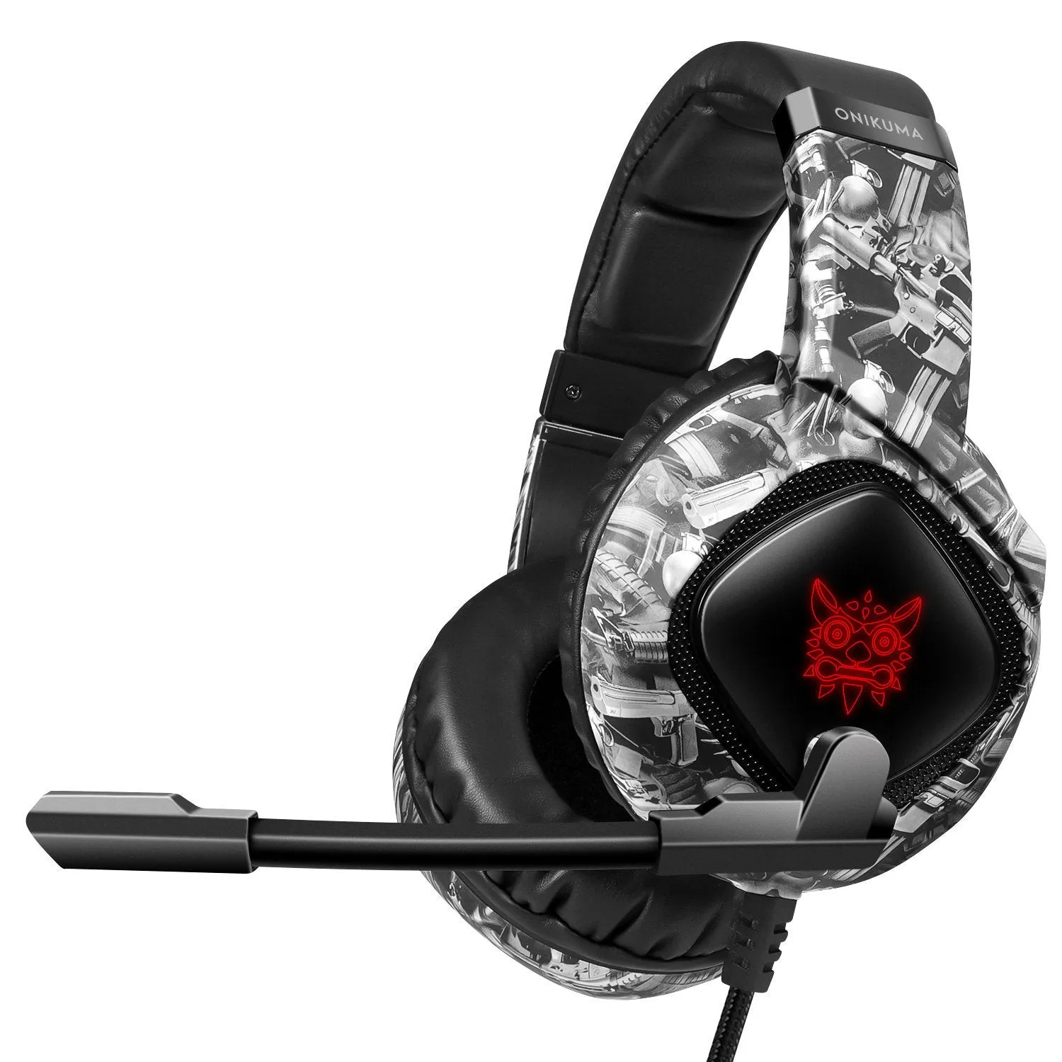 ONIKUMA K19 gaming headset in black with RGB LED lighting and omnidirectional microphone on a desk