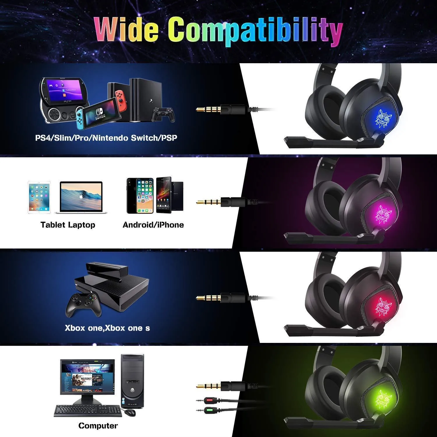 ONIKUMA K19 gaming headset in black with RGB LED lighting and omnidirectional microphone on a desk